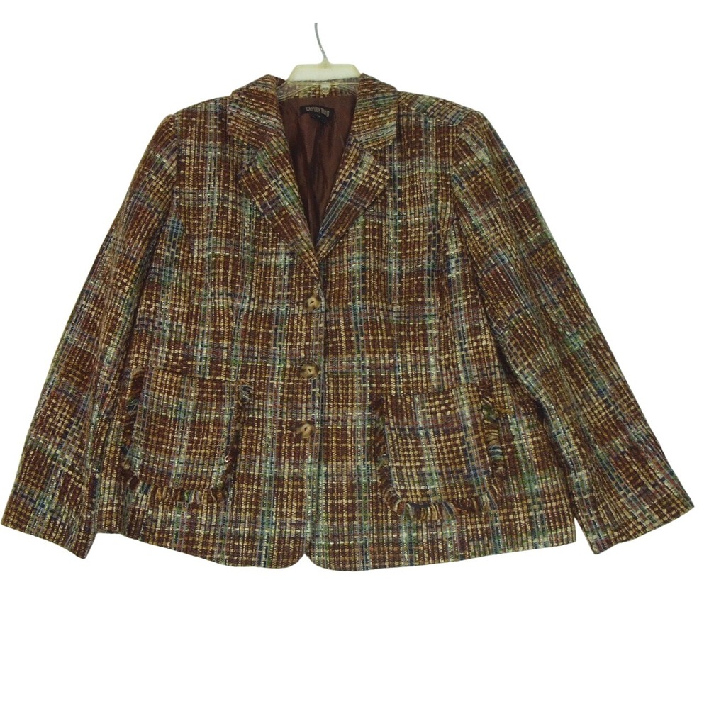 Canyon Road Womens Brown Tweed Button Front Blazer Jacket Size 20 Fringe Trim